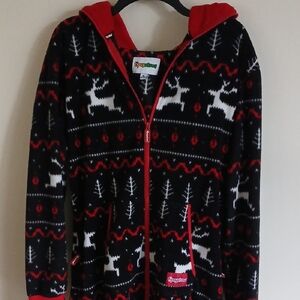 Tipsy Elves Fair Isle Jumpsuit Onesie Pajamas Black & Red Reindeer Large